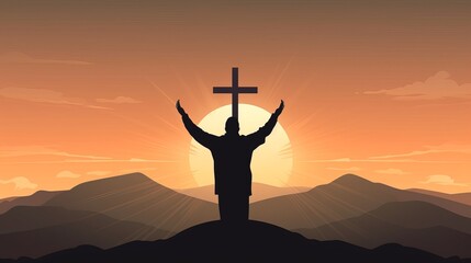 Hands Raised in Worship at Sunrise with Cross