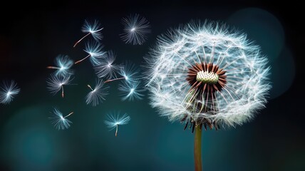 Fototapeta premium Dandelion seeds dispersing in wind against dark background