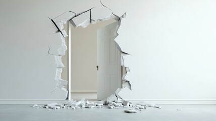 White wall with door and surrounding broken plaster, scattered debris on floor