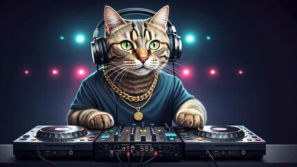 Cool cat dj mixing on turntables with colorful lights background