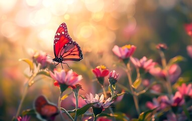 Naklejka premium Butterfly on flower in the meadow. Nature background.