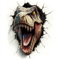 dinosaur jumping out of the wall on white background