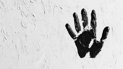 Black handprint on white textured wall, close-up shot