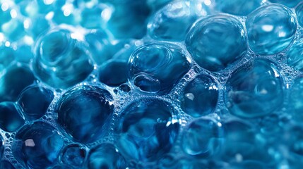 2410_130.extreme close-up of foamy bubbles, cerulean hues, layered bubble textures, interplay of light and shadow, serene bathroom ambiance, abstract cleanliness representation