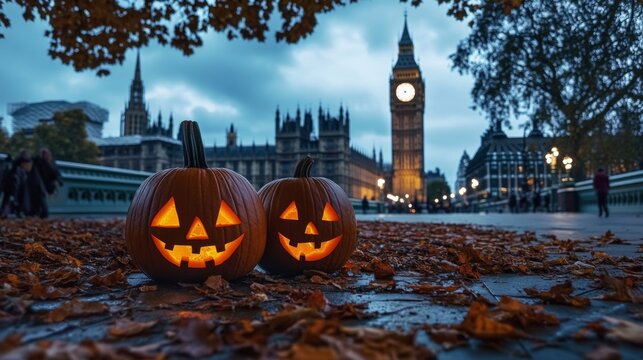 Eerie Halloween scene with two jack-o-lantern pumpkins in front of Palace Westminster, London, with Big Ben in background.