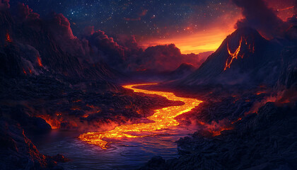 Fototapeta premium A glowing river of molten lava slowly flows through a rocky valley surrounded by dark, volcanic mountains
