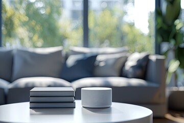 Blank book on table in living room, interior design concept