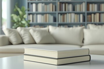Blank book on table in living room, interior design concept