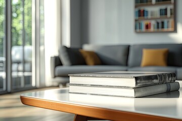 Blank book on table in living room, interior design concept