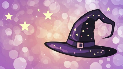 Magical Purple Witch Hat with Stars and Bokeh Background