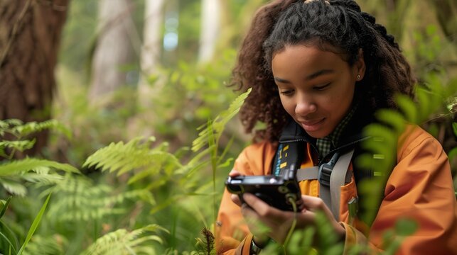 Environmental science student of African descent conducting fieldwork in a forest with handheld equipment