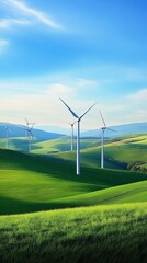 Beautiful green landscape with wind turbines, blue sky, and mountains in the background. Serene and peaceful scene.