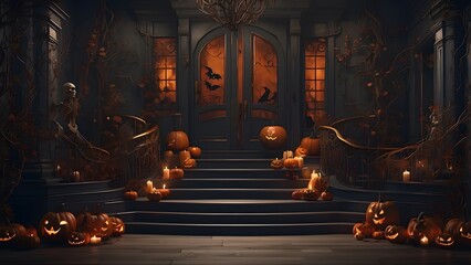A Halloween hauntingly dark and moody podium with glowing pumpkins lining the pathway, Halloween scary interior design of house poster, holiday event Halloween banner back