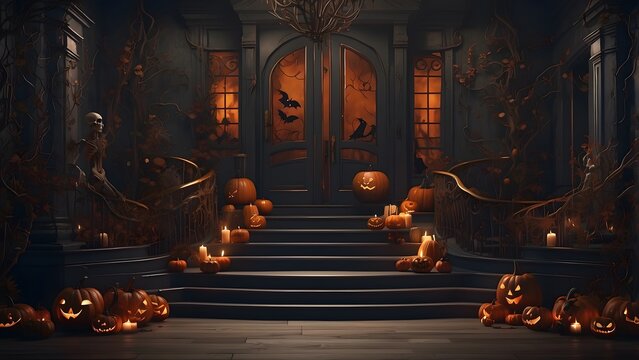 A Halloween hauntingly dark and moody podium with glowing pumpkins lining the pathway, Halloween scary interior design of house poster, holiday event Halloween banner back