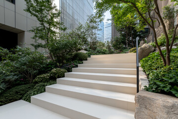 Obraz premium A contemporary garden with clean lines, geometric paving, and carefully placed trees and shrubs creating a modern, minimalist aesthetic