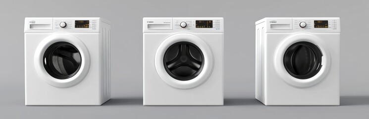 Modern white washing machines arranged in triangle formation with sleek design and control panel details, all look new.