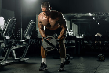 Muscular man having training with weights. Brutal strong athletic men pumping up muscles workout. Concept bodybuilder doing exercises in gym.