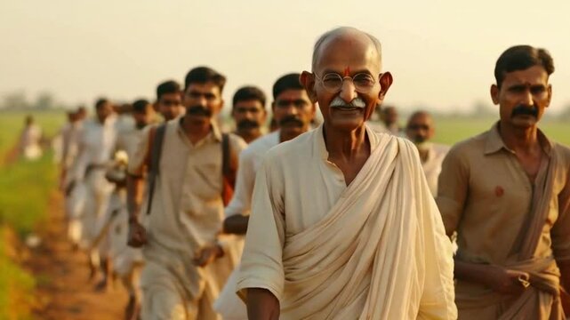 A Mahatma Gandhi leads a peaceful march in the Indian countryside, a symbolic moment in the fight for independence during the Salt March High quality HD 4K video CLIP