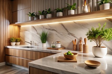 Elegant White Marble Countertop with Wooden Wall Decor for Modern Kitchens, Featuring Natural Light and Stylish Accessories, Ideal for Home Interior Design Inspiration