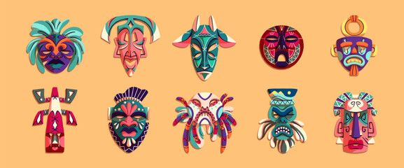 Traditional wooden African masks set. Different colourful faces of tribal idols, totems. Ceremonial ethnic decor in tribes in Africa. Culture of aborigines, Inca. Flat isolated vector illustrations