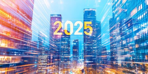 Fototapeta premium City skyline with futuristic light effects representing a vibrant and dynamic 2025 new year in an urban environment