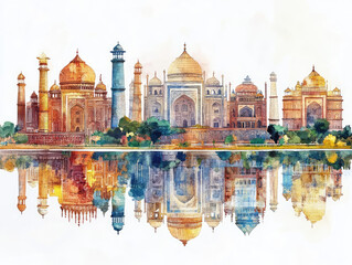 Vibrant illustration of the Taj Mahal with colorful domes
