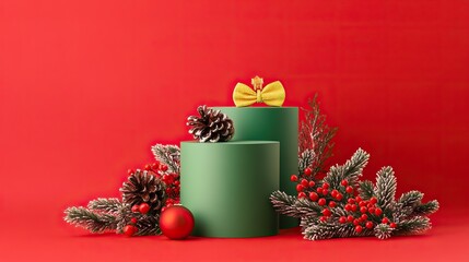 Blank minimalistic empty showcase template for advertising product with Christmas concept. Front view of green cylinder podiums displayed with cute yellow accessory on red background