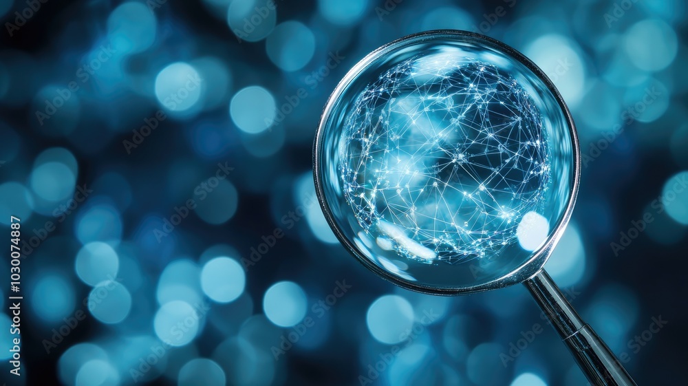 Poster magnifying glass focuses on network of interconnected nodes against blue bokeh background
