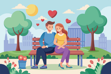 loving couple sitting together on park bench man.