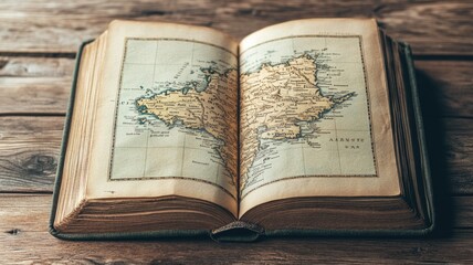 Obraz premium Antique map displayed in open book on wooden surface