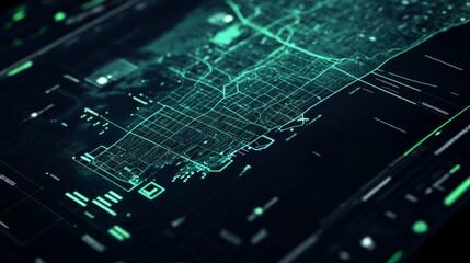 Futuristic Crime Prediction Dashboard Displaying Real-Time Data on High-Risk Areas and Trends, Advanced Digital Interface against Dark Backdrop, map highlighting high-risk areas and crime trends, 