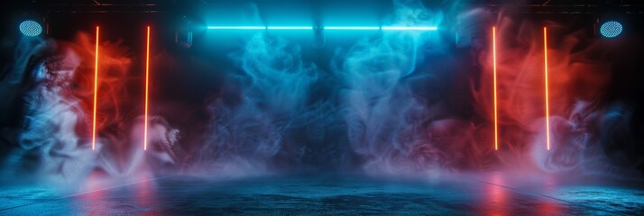 Empty dark stage, neon spotlights, smoke texture background, fog stage interior, showroom