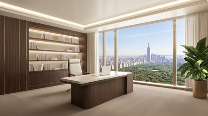 Fototapeta premium A modern home office with a sleek desk, ergonomic chair, floor-to-ceiling bookshelves, and large windows overlooking the city skyline