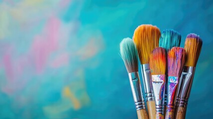 Fototapeta premium Colorful paintbrushes set against vibrant pastel background