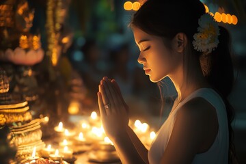 A young woman is praying and asking for blessings from her beliefs on the night of the full moon. By lighting candles and offering offerings in the tradition.
