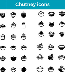 Chutney icons line Indian condiment vector traditional food spicy sweet dip sauce cuisine illustration set