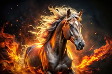 Fiery Majestic Horse in Flames - Stunning Low Light Photography of a Horse Surrounded by Flames, Dramatic Lighting and Color Contrast for Captivating Visual Impact