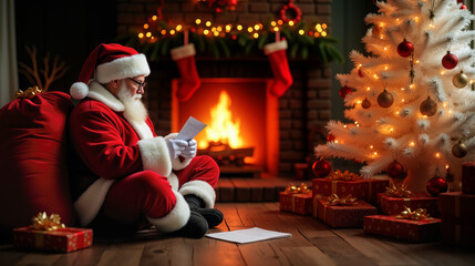 Santa Claus reading letters by a Christmas fireplace