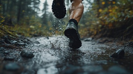 2410_160.action sequence of trail run in rainy conditions, feet pounding wet ground, water ripples, stormy forest backdrop, muted colors, cinematic composition, emphasis on texture and movement