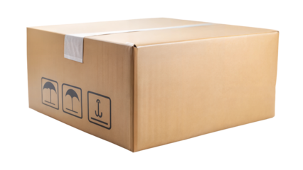 Cardboard box with symbols, open on one side. Isolated on a transparent or white background.