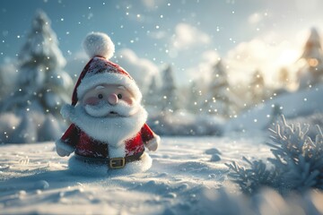 A close up of a santa claus figurine in the snow