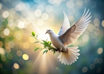 Obraz premium Flying Dove Holding Olive Branch Line Art Vector Icon for Peaceful Apps and Websites, High Depth of Field, Minimalist Design, Symbol of Hope and Harmony, Elegant Graphics