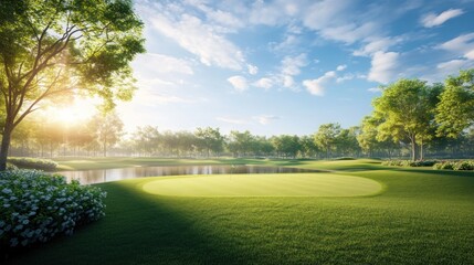 Obraz premium A scenic golf course with a pond in the foreground, surrounded by lush trees and a bright blue sky.