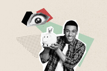 Composite trend artwork sketch image photo collage of rich businessman young guy hold pig saver money huge eye secure vision watch peek