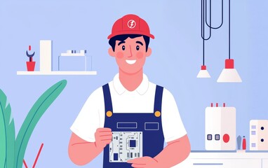 An electrician fixing a circuit board in a house, with tools on the floor and wiring hanging from the ceiling of the home