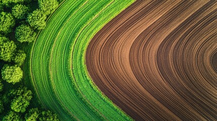 2410_119.top-down view of prepared cropland, serpentine tractor marks, warm sienna soil tones, vibrant grassy perimeter, agricultural geometry, fertile ground ready for planting