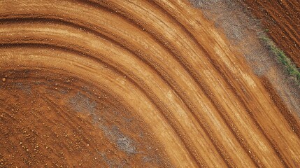 Fototapeta premium 2410_119.top-down view of prepared cropland, serpentine tractor marks, warm sienna soil tones, vibrant grassy perimeter, agricultural geometry, fertile ground ready for planting