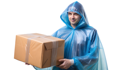 Man wearing a blue poncho holding a cardboard box. Isolated on a transparent or white background.