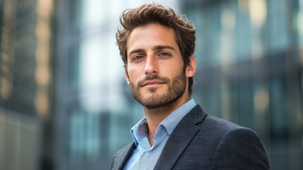 Fototapeta premium Confident Businessman in Formal Attire Posing for Headshot in Office Environment