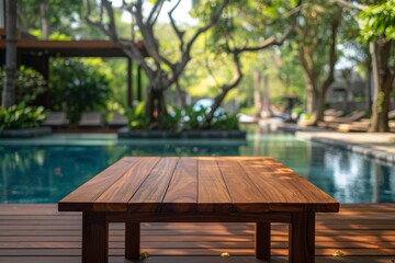 Obraz premium Table Pool Mockup, Wooden Background Space by Hotel Swimming Pool Bar, Copy Space